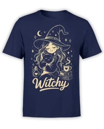 Vintage witch holding a cat with stars, books, potion, and Witchy lettering on a navy T-shirt