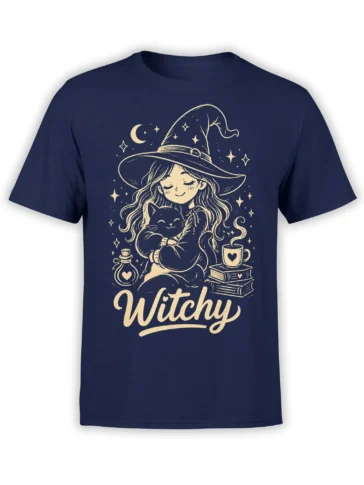Vintage witch holding a cat with stars, books, potion, and Witchy lettering on a navy T-shirt