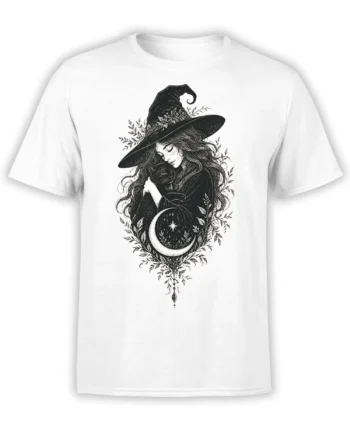 White T-shirt with a witch holding a black cat beneath a crescent moon and botanical branches