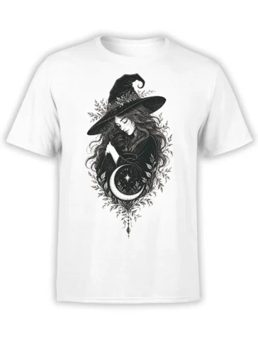 White T-shirt with a witch holding a black cat beneath a crescent moon and botanical branches