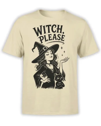 Beige T-shirt with a vintage witch illustration, black cat, stars, and “WITCH, PLEASE” lettering