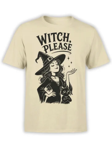 Beige T-shirt with a vintage witch illustration, black cat, stars, and “WITCH, PLEASE” lettering