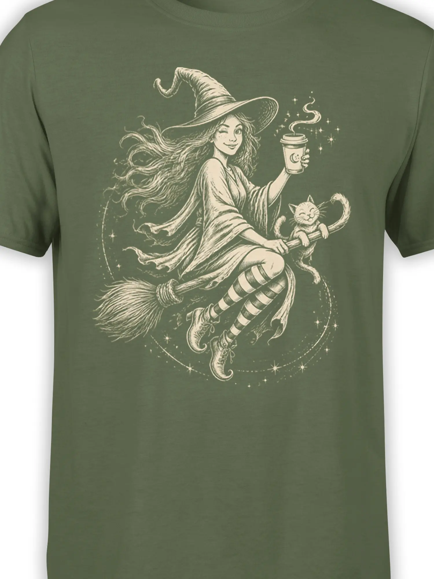 Close-up of witch, cat, broomstick, coffee cup, and stars on green T-shirt