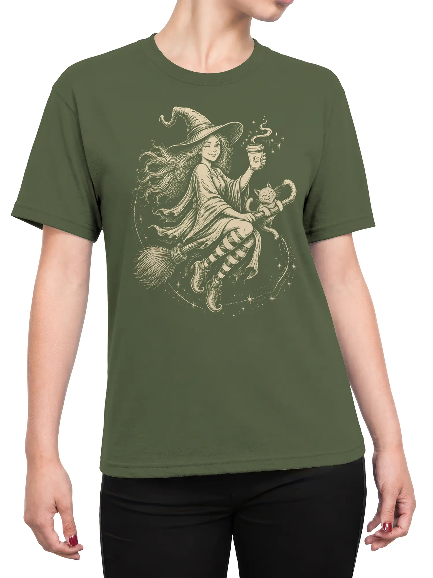 Female torso wearing a green witch T-shirt with cat, broomstick, coffee, and star artwork