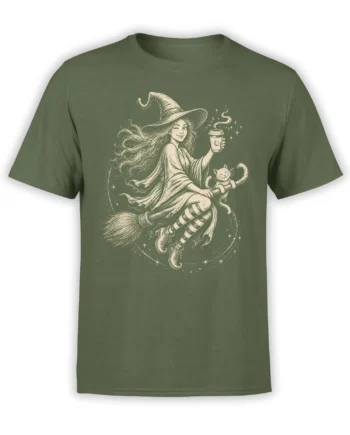 Vintage witch flying on a broomstick with a cat and coffee cup on a green T-shirt