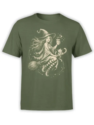 Vintage witch flying on a broomstick with a cat and coffee cup on a green T-shirt