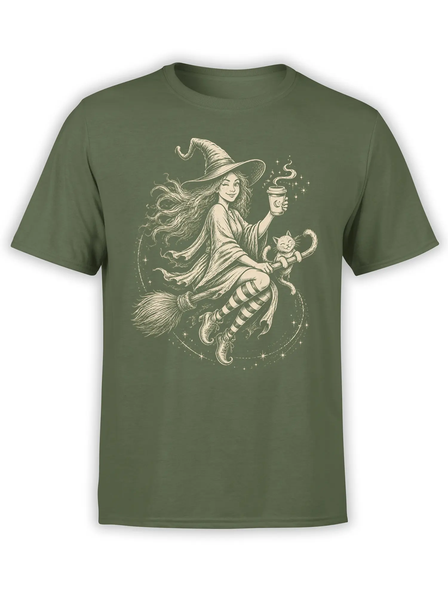 Vintage witch flying on a broomstick with a cat and coffee cup on a green T-shirt