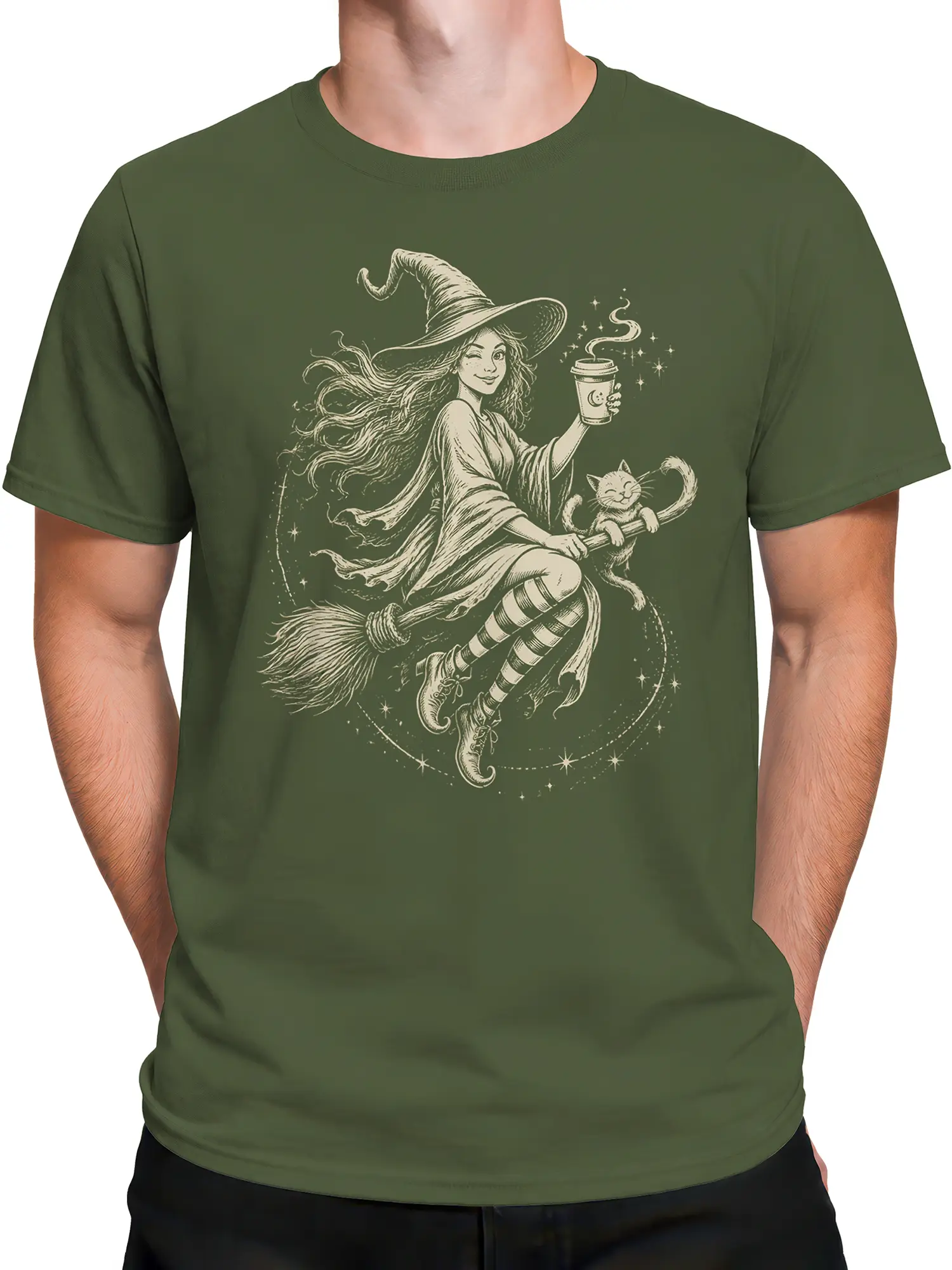Male torso wearing a green witch T-shirt with cat, broomstick, coffee, and star artwork