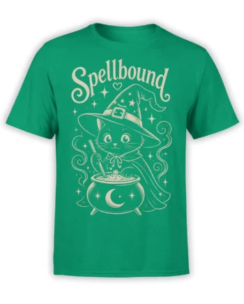 Teal-green T-shirt featuring a cream witch cat with a wand, cauldron, moon, stars, and Spellbound text