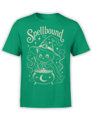 Teal-green T-shirt featuring a cream witch cat with a wand, cauldron, moon, stars, and Spellbound text