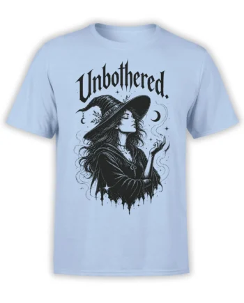 Unbothered witch graphic with moon, stars, and blackletter on a light blue T-shirt