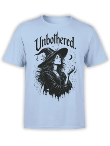 Unbothered witch graphic with moon, stars, and blackletter on a light blue T-shirt