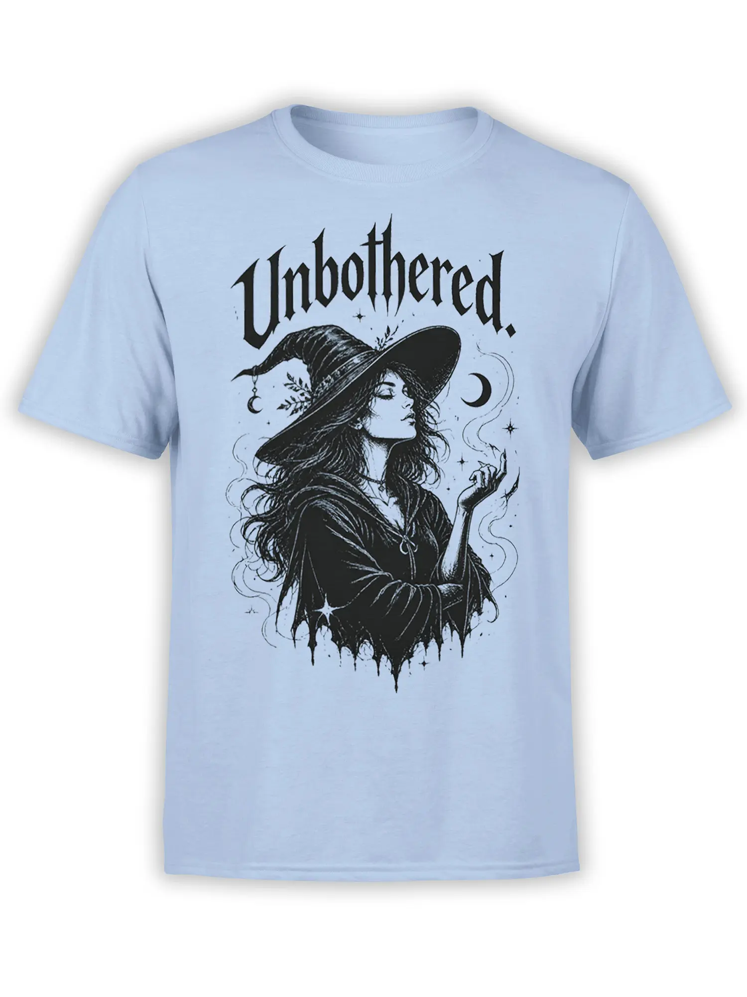 Unbothered witch graphic with moon, stars, and blackletter on a light blue T-shirt