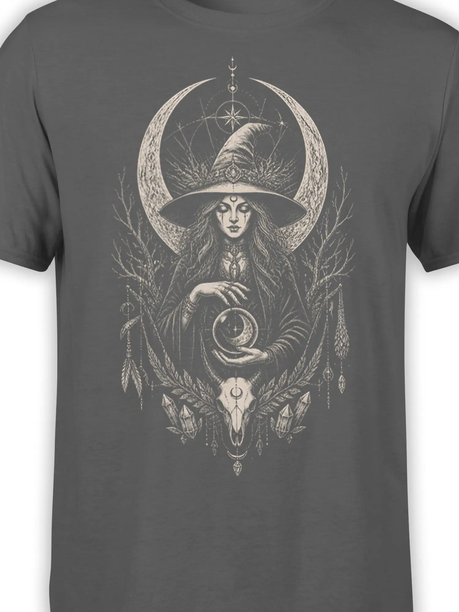 Close-up of gray witch T-shirt artwork with lunar symbols, crystal ball, feathers, crystals, and horned skull