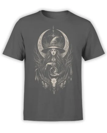 Gray witch T-shirt with crescent moon halo, crystal ball, celestial symbols, crystals, and horned skull