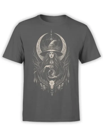 Gray witch T-shirt with crescent moon halo, crystal ball, celestial symbols, crystals, and horned skull