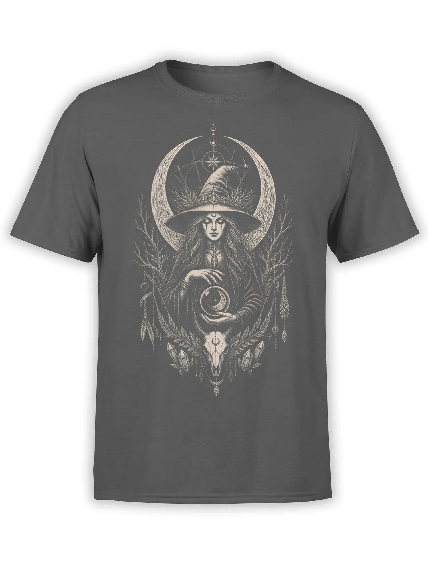 Gray witch T-shirt with crescent moon halo, crystal ball, celestial symbols, crystals, and horned skull