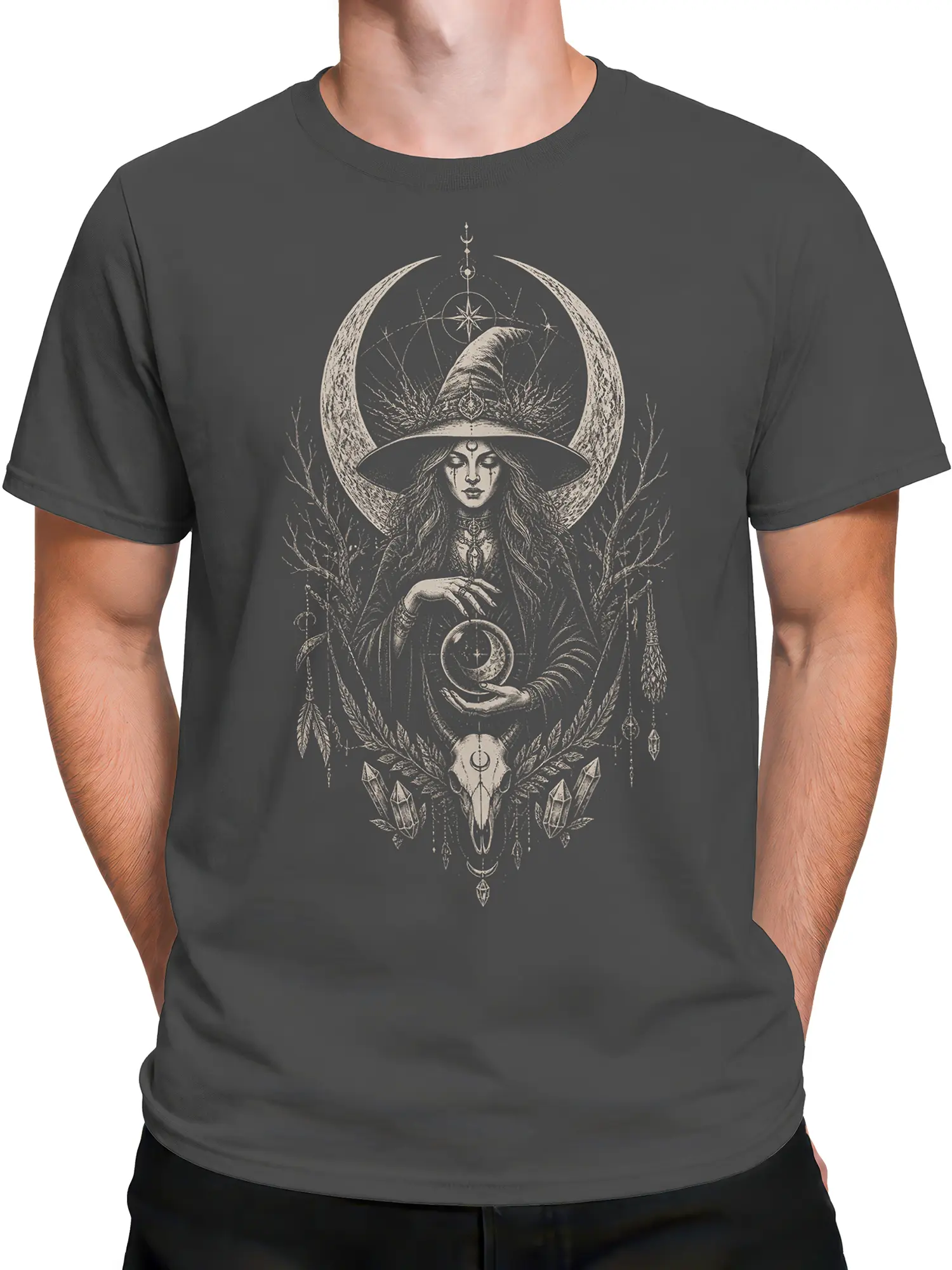 Male torso wearing a gray witch T-shirt with detailed crescent moon and occult-inspired artwork
