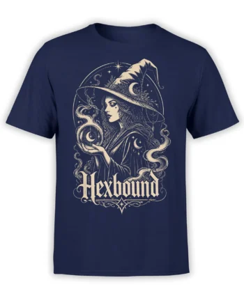 Moonlit Hexwoman witch design with crystal ball, crescent moons, stars, and Gothic lettering on a navy T-shirt