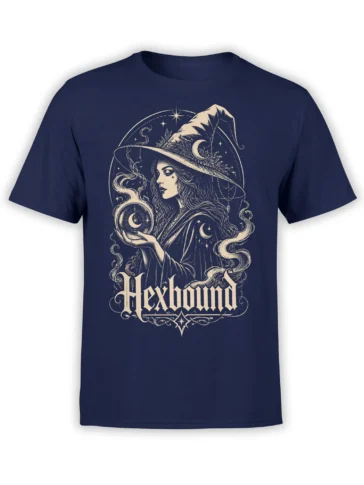 Moonlit Hexwoman witch design with crystal ball, crescent moons, stars, and Gothic lettering on a navy T-shirt