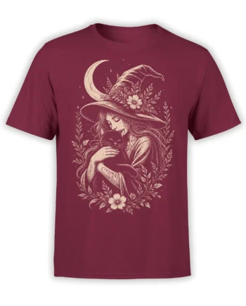 Burgundy witch t-shirt with a woman holding a black cat beneath a crescent moon and floral frame