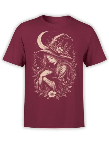 Burgundy witch t-shirt with a woman holding a black cat beneath a crescent moon and floral frame