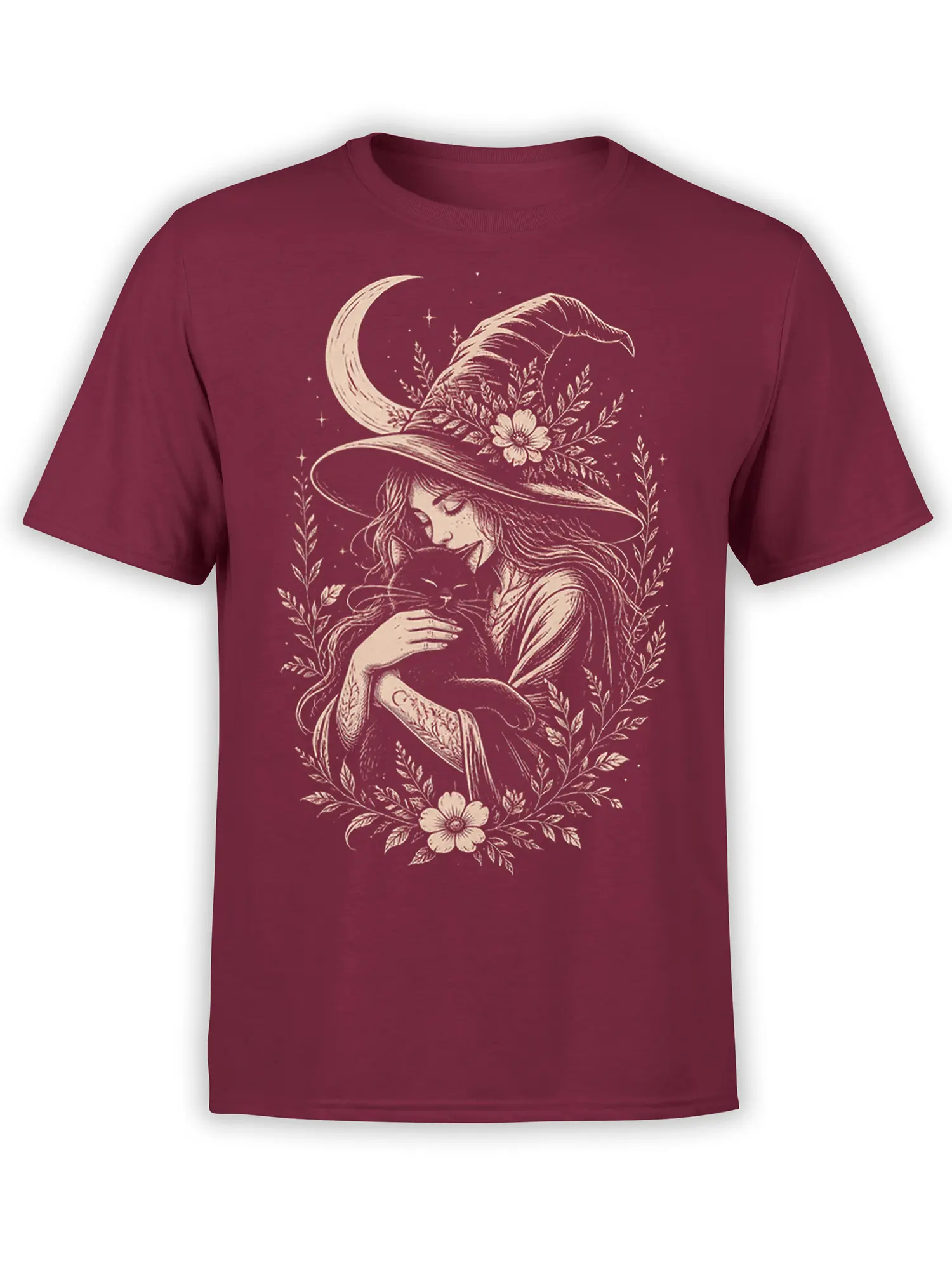 Burgundy witch t-shirt with a woman holding a black cat beneath a crescent moon and floral frame