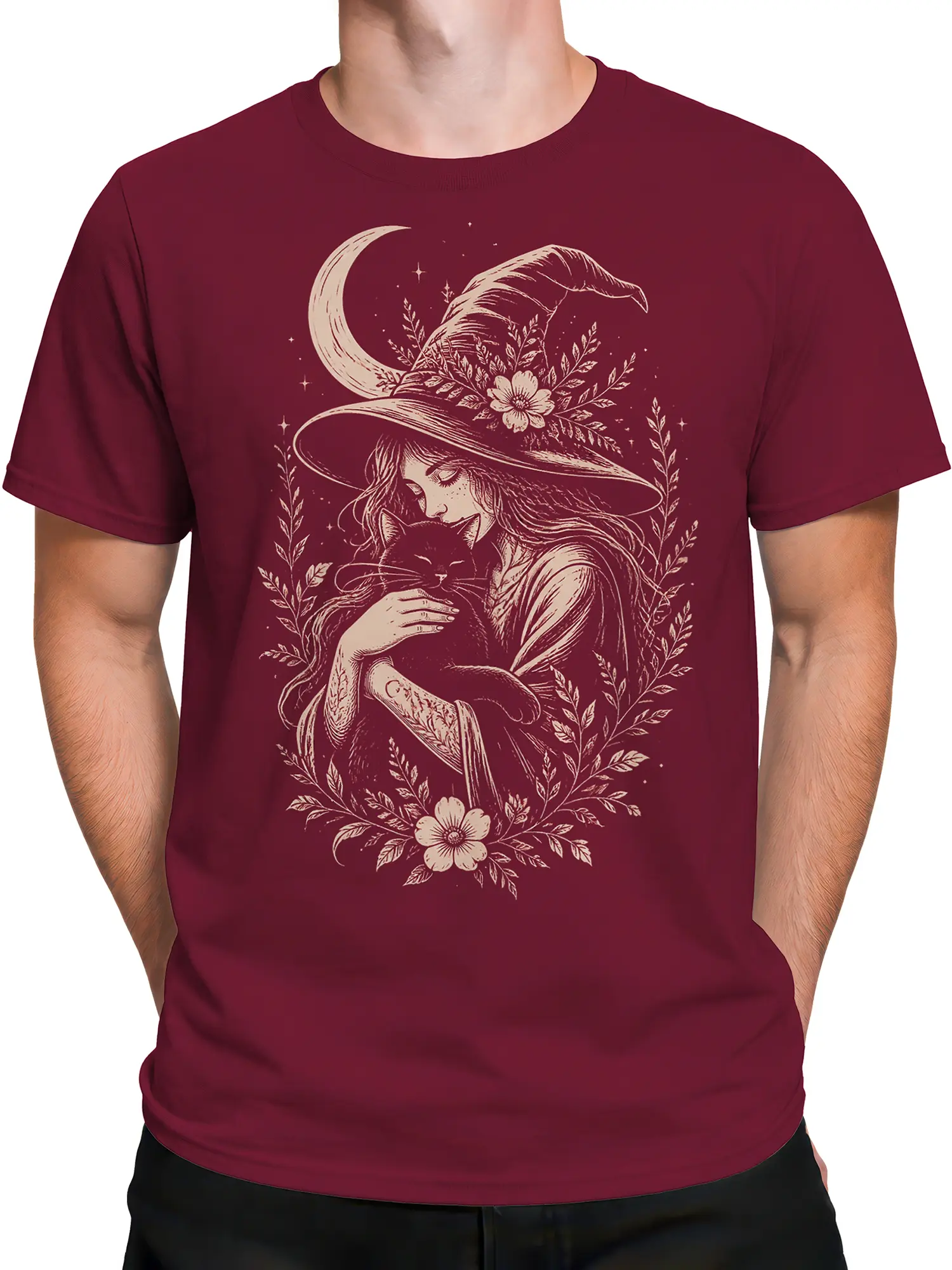 Male torso wearing a burgundy witch t-shirt with vintage black cat and crescent moon artwork