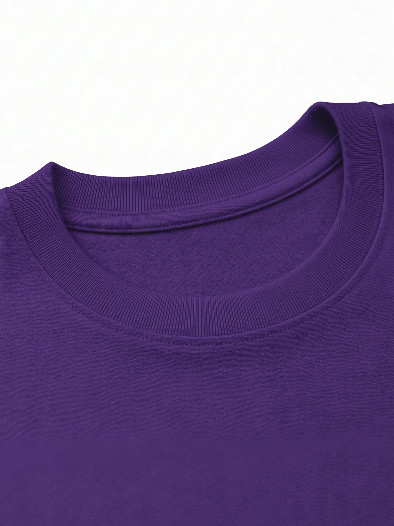 Purple T-shirt collar and soft cotton fabric shown in a close-up product detail