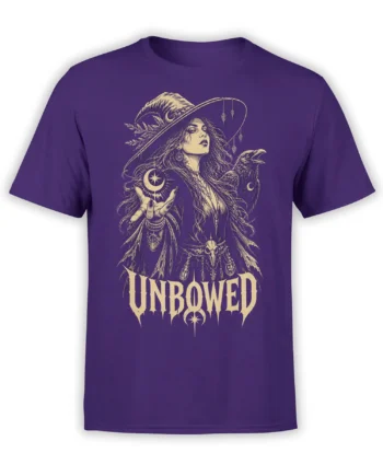 Purple fantasy T-shirt featuring an unbowed witch with a raven, crescent moon, and vintage occult artwork