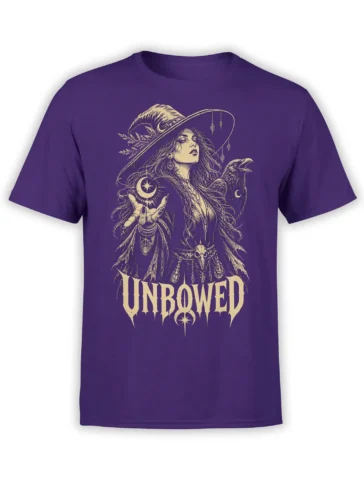Purple fantasy T-shirt featuring an unbowed witch with a raven, crescent moon, and vintage occult artwork