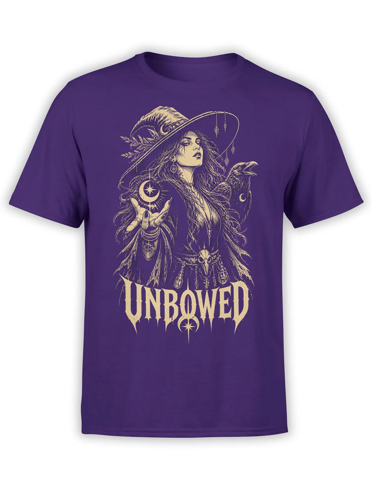Purple fantasy T-shirt featuring an unbowed witch with a raven, crescent moon, and vintage occult artwork