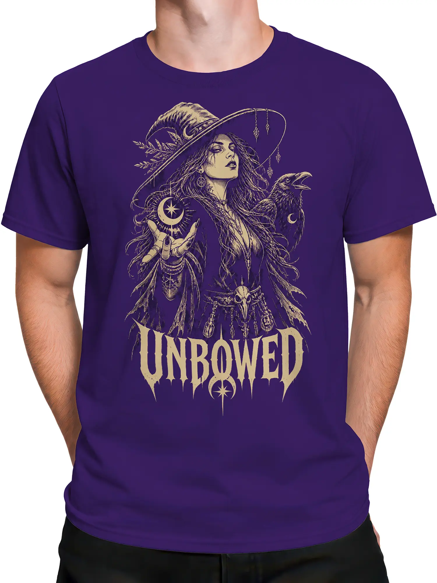 Male torso wearing a purple fantasy T-shirt with an unbowed witch and raven graphic