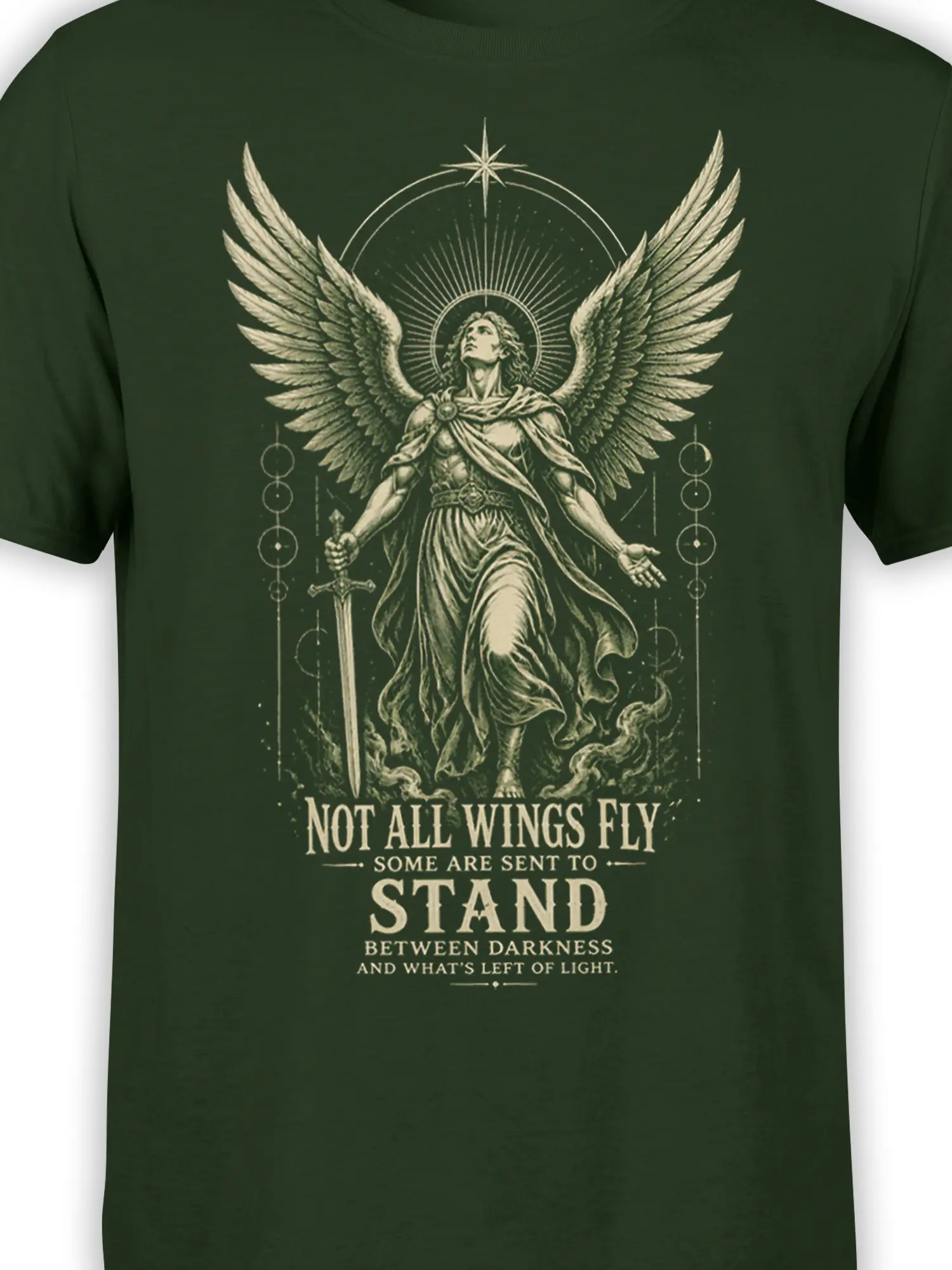 Close-up of winged guardian angel artwork with sword, halo, and message on dark green fabric