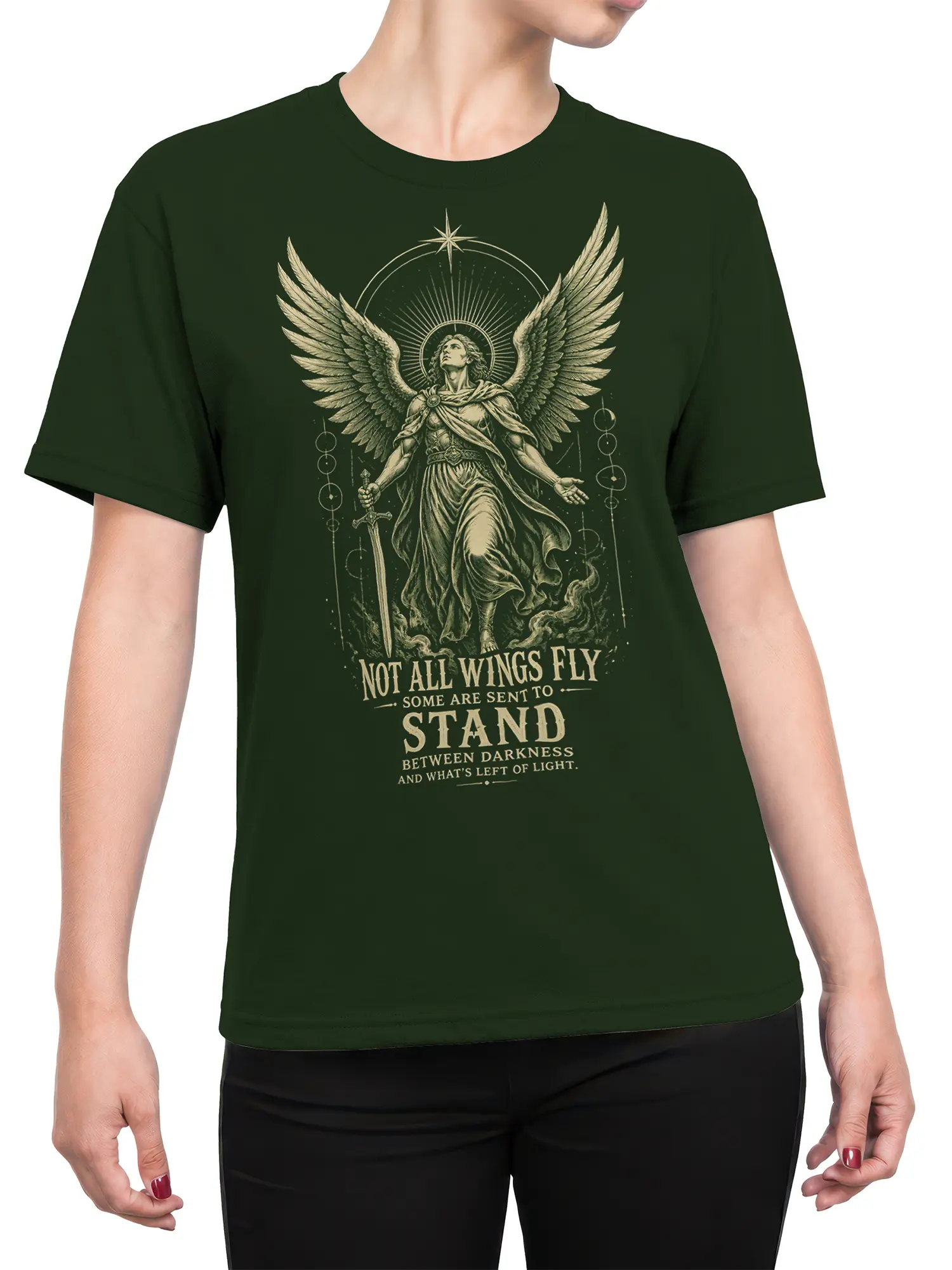 Female torso wearing a dark green angel T-shirt with winged guardian and mystical light-and-darkness artwork