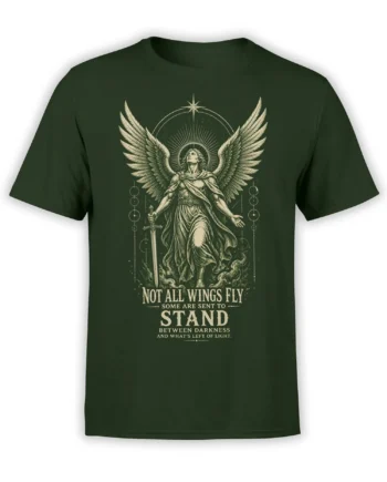 Dark green angel T-shirt with winged guardian, sword, halo, and light-and-darkness message