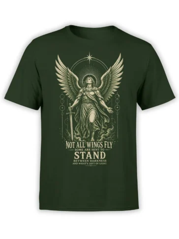 Dark green angel T-shirt with winged guardian, sword, halo, and light-and-darkness message