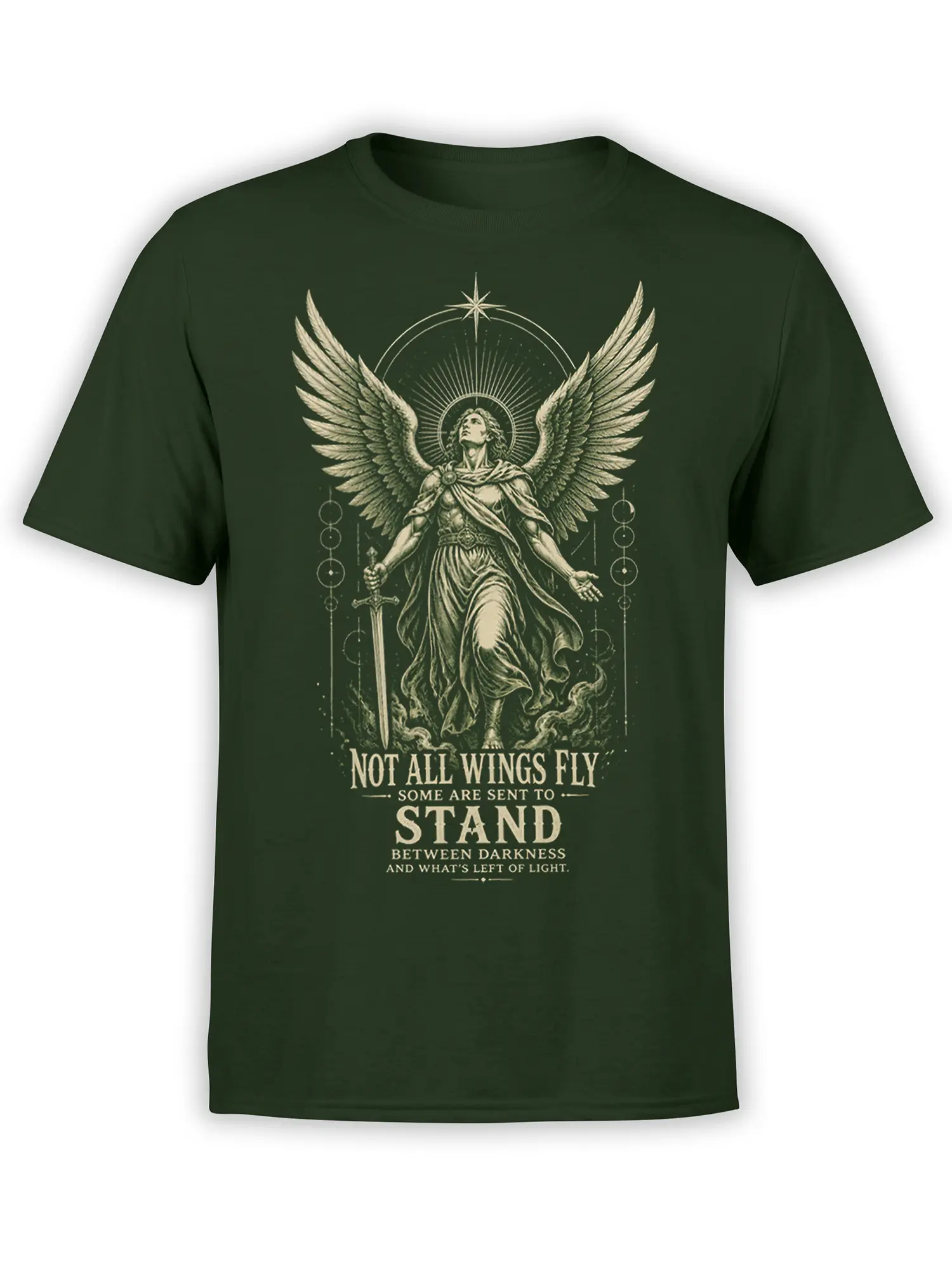 Dark green angel T-shirt with winged guardian, sword, halo, and light-and-darkness message
