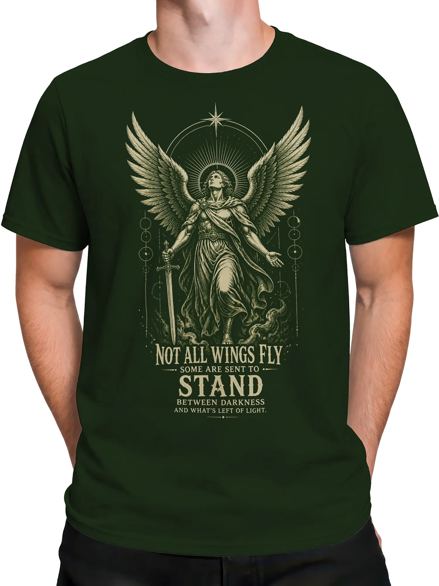 Male torso wearing a dark green angel T-shirt with winged guardian, sword, and celestial symbols