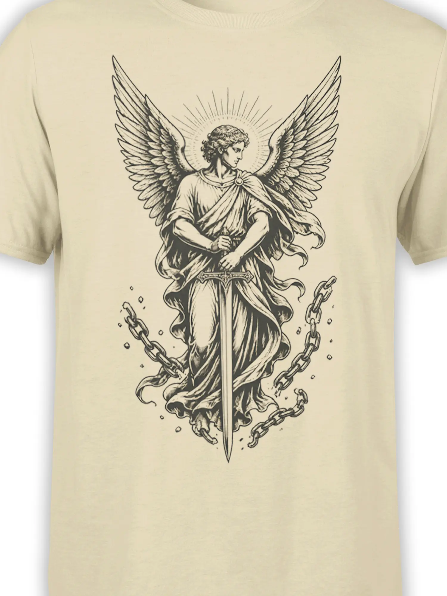 Close-up of winged angel artwork with halo, sword, detailed feathers, and broken chains on a beige T-shirt