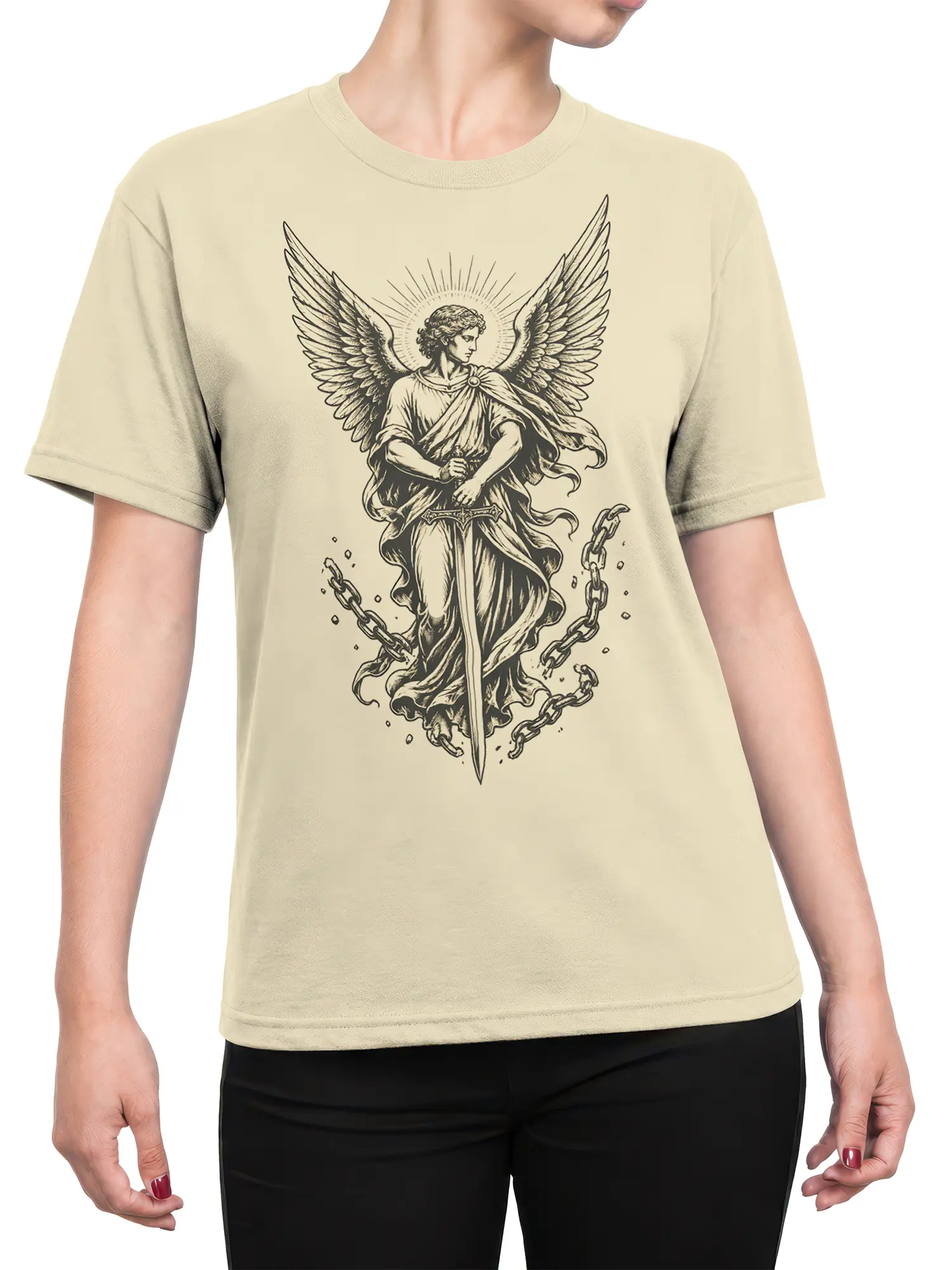 Female torso wearing a beige angel T-shirt with wide wings, halo, sword, and broken chains