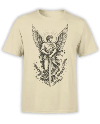 Beige angel T-shirt with wide wings, halo, sword, flowing robes, and broken chains in black line art