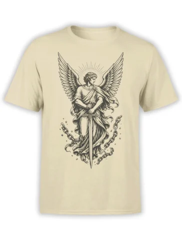 Beige angel T-shirt with wide wings, halo, sword, flowing robes, and broken chains in black line art