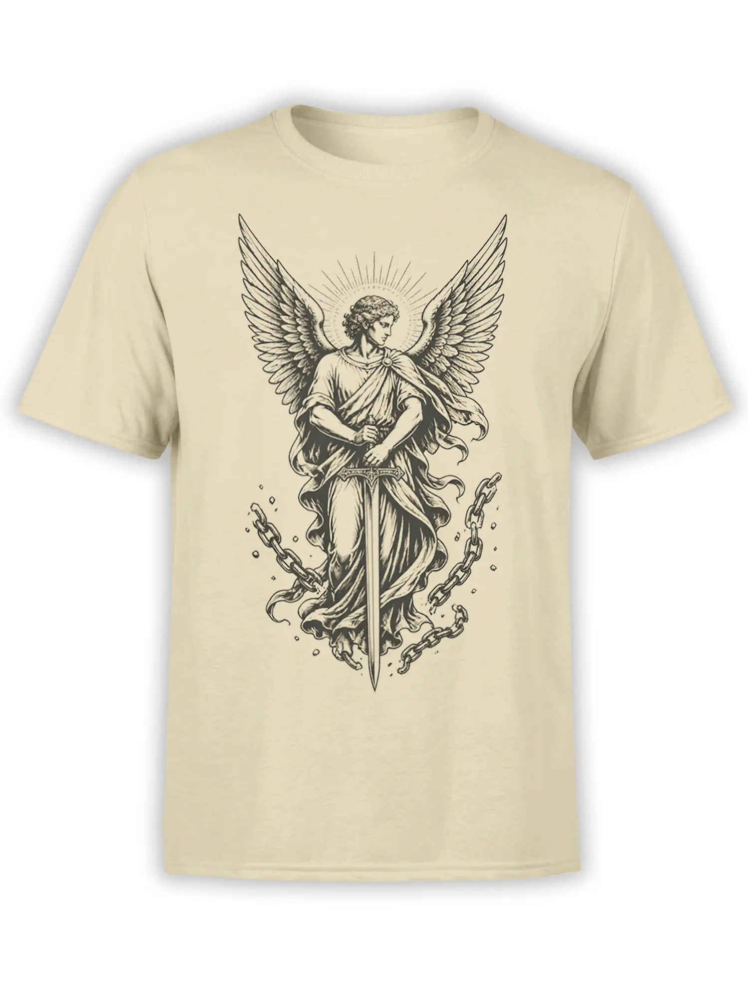 Beige angel T-shirt with wide wings, halo, sword, flowing robes, and broken chains in black line art