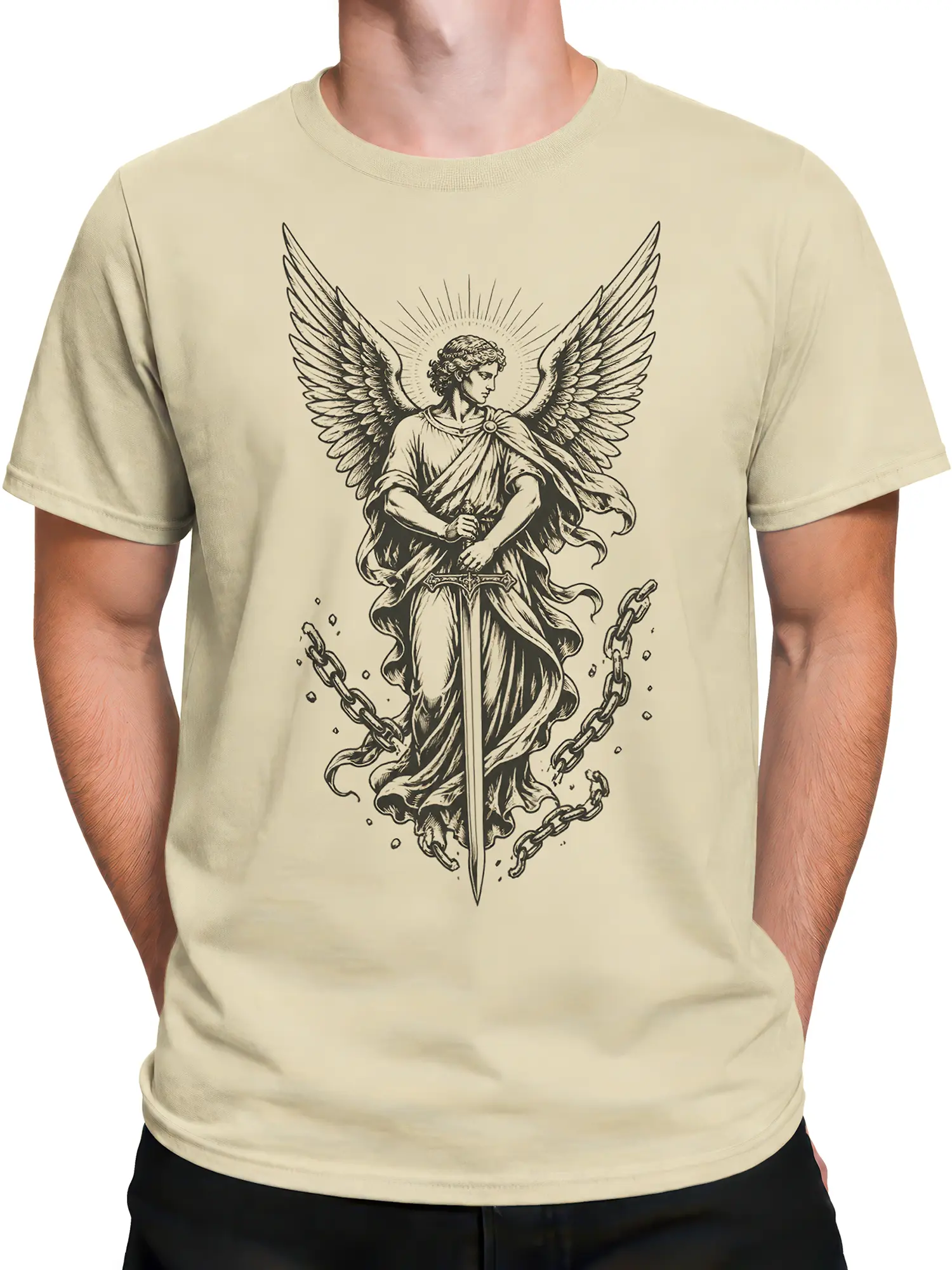 Male torso wearing a beige angel T-shirt with detailed wings, halo, sword, and broken chains