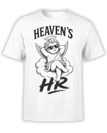 White angel T-shirt with reclining cherub in sunglasses, wings, halo, cloud, and bold HEAVEN'S lettering
