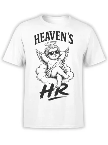 White angel T-shirt with reclining cherub in sunglasses, wings, halo, cloud, and bold HEAVEN'S lettering