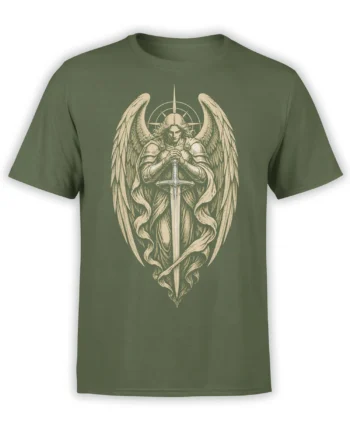 Olive green angel T-shirt with a winged armored warrior, sword, halo, and vintage engraving artwork
