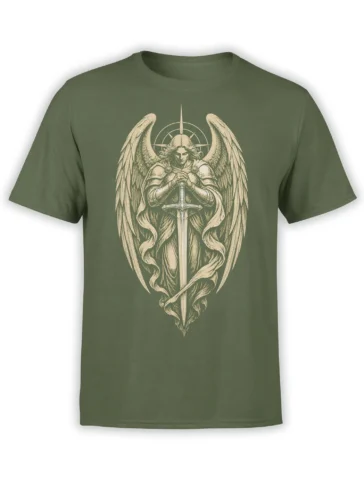 Olive green angel T-shirt with a winged armored warrior, sword, halo, and vintage engraving artwork
