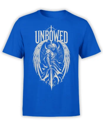 Blue winged warrior T-shirt with cream UNBOWED lettering, large wings, armor, and a long sword
